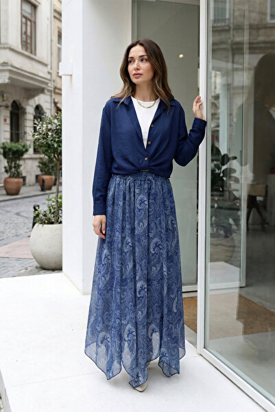 MODAQU Ebruli Asymmetrical Cut Lined Chiffon Skirt with Elastic Waist - Indigo