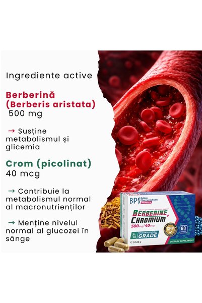 Balkan Pharmaceuticals Supliment Alimentar Berberină + Crom, pentru Slăbit,Reduce Pofta de Dulce, 500 mg/40 mcg, 60 Capsule