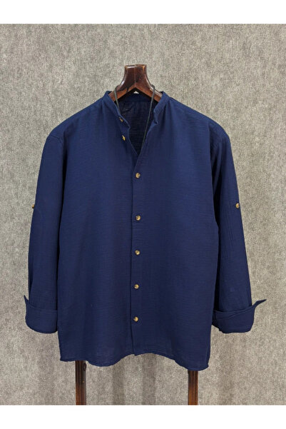 FıttingRoom Oversized Apolet Folded Cotton Muslin Navy Blue Judge Collar Shirt