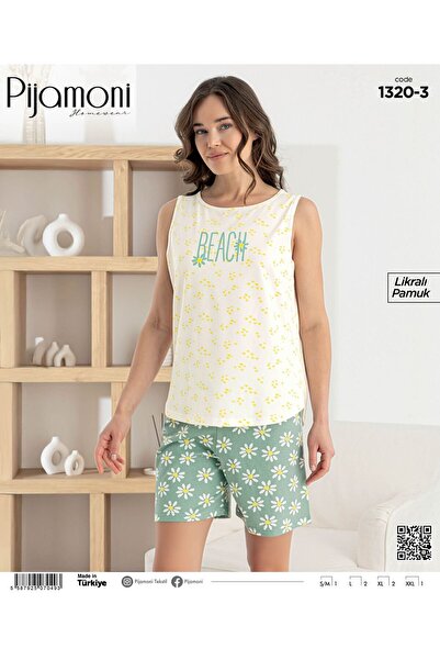 Pijamoni Pamuk komad zelenog i belog ženskog pidžama kompleta sa šortskim pan...