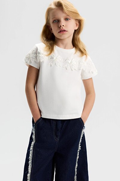 nk kids Girl Child 4-8 Years Old Floral Print Bead Embroidered T-Shirt White