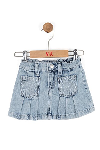 nk kids Baby Girl 1-4 Years Stone Detailed Pleated Denim Skirt Denim Blue