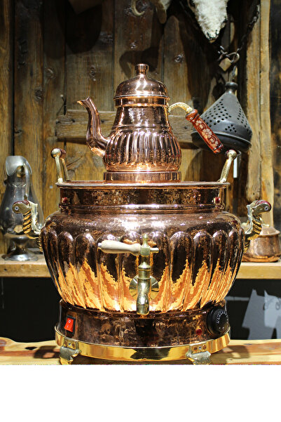 FeyzaDesign Kırmızı Bakır Turna Semaver, Oval Dilimli, Elektrikli, 3 No, Şık ...