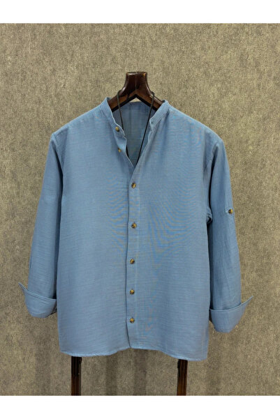 FıttingRoom Oversized Apolet Folded Cotton Muslin Indigo Judge Collar Shirt