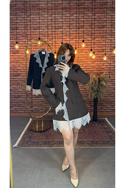 Miss Beyoğlu Women's Gray Lace Detailed Blazer Jacket Dress