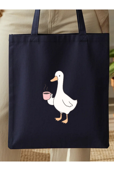 Ördek Baskılı Lacivert Gabardin Çanta - 35x40 cm