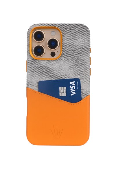 WATCHOFROYAL Nova iPhone 16 Pro Leather Card Holder Phone Case Gray-Orange