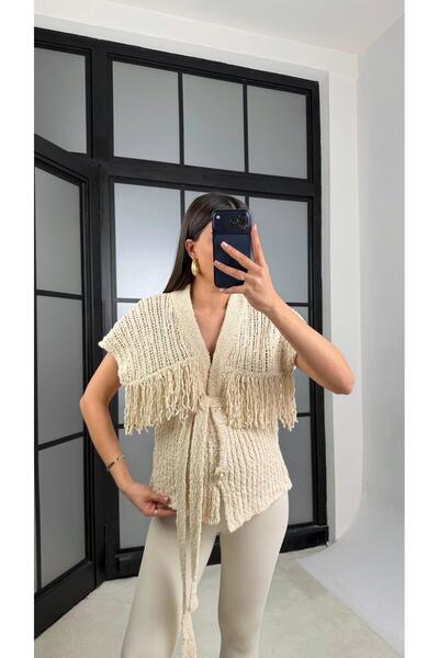 Gaus Taş Püsküllü Kuşaklı Triko Yelek GAUS-01193