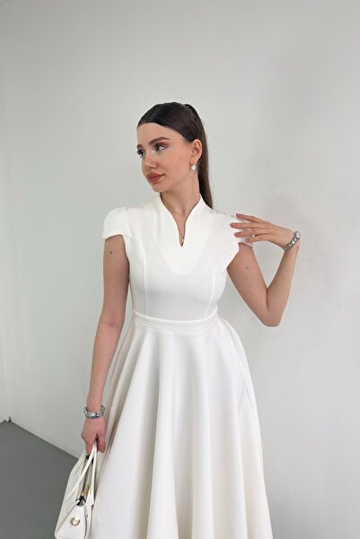 FMN Butik Princess Model Flared Skirt Dress V Mock Neck Fitted at the Waist P...