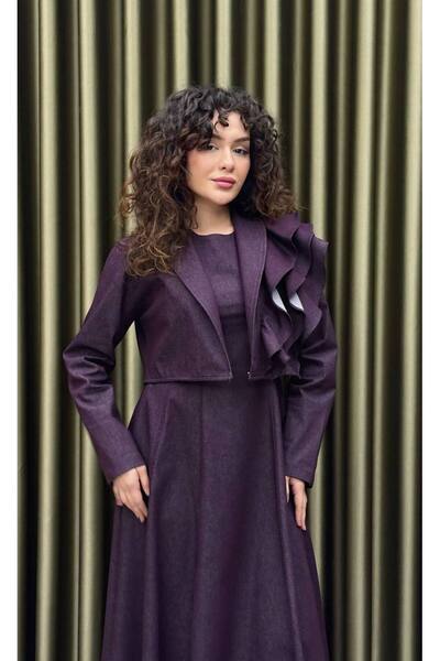 MODİVA MİX Mürdüm Omuz Fırfır Detaylı Ceketli Uzun Elbise Takım