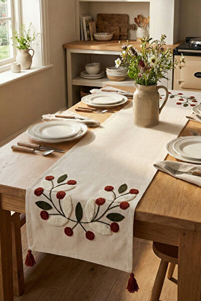 cottoncloth Papatya Bohemian Punch Embroidered Tasseled Cotton Table Runner (...