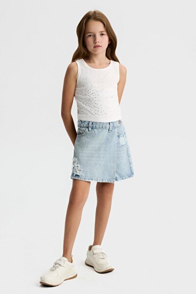 nk kids Kız Çocuk 8-14 Yaş Yırtıklı Denim Şort Etek Mavi