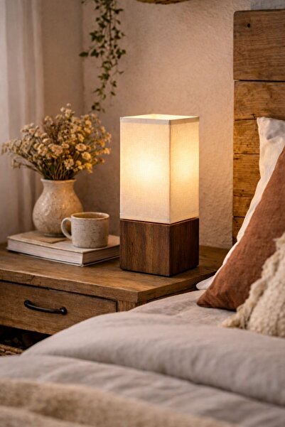 MARS CONCEPT Rustik Masif Ahşap Kaideli Kare Abajur (Tek) – 28 cm Dekoratif M...