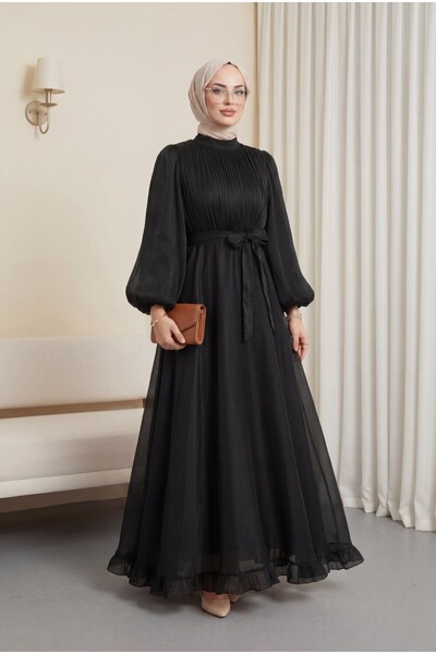 Modamorfo Skirt Ruffled Belt Piece Janjan Chiffon Dress - Black