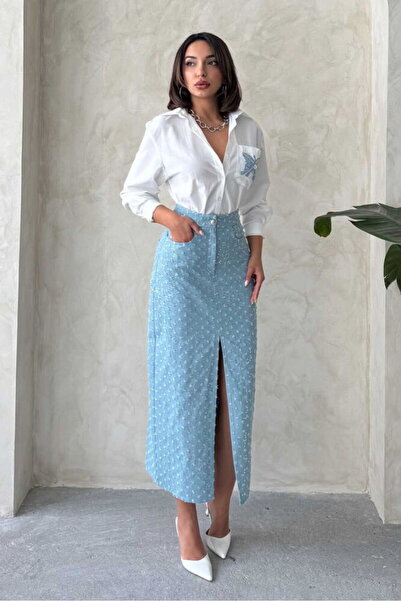 Caddebostan Moda High Waist Sequined Slit Denim Skirt Midi Length Denim Skirt