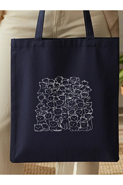 junobi Kedi Baskılı Lacivert Gabardin Bez Çanta - 35x40 cm