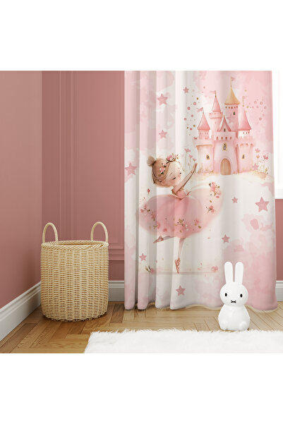 abathome Pembe peri ve şato desenli,dijital baskılı çocuk odası çift kanat fo...