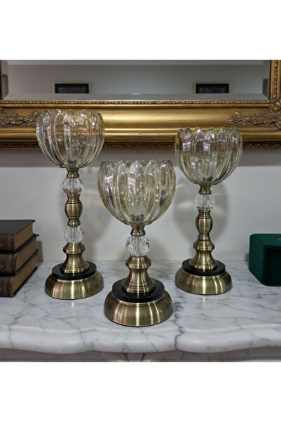 Furkan Gümüş Ayaklı Bronz Cam Şamdan Mumluk 3'lü Set