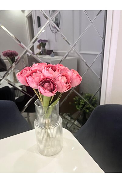 CrossWell 8Li demet Canlı Görünümlü Pembe Yapay Şakayık Çiçeği Buketi (Vazo D...