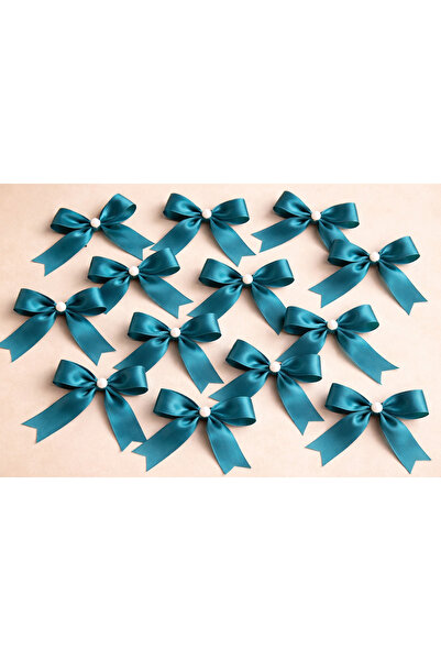 CYB STUDİO Petrol Blue Satin Pearl Bow Ribbon (10 Pieces)