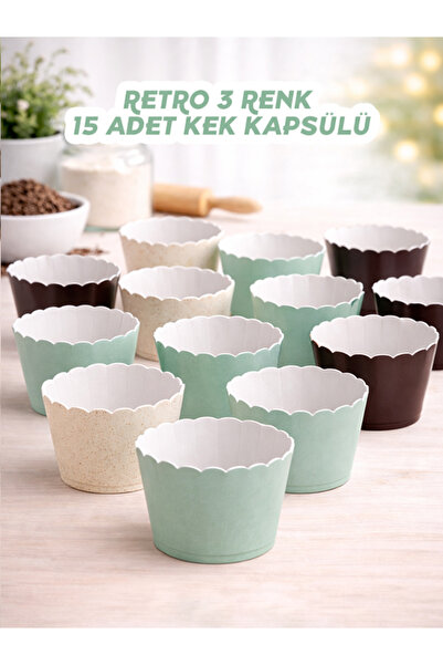 parti pera Retro 3 Renk Cupcake Kek Kapsülü 15 Adet kahverengi deniz kumu küf...