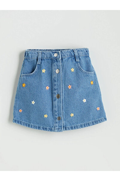 LC Waikiki Lcw Kids Indigo Embroidered Girls' Jean Skirt with Elastic Waist f...