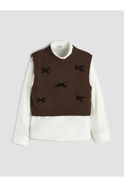 LC Waikiki Lcw Kids Ecru Bow Detail Girls' Knitwear Sweater and Shirt