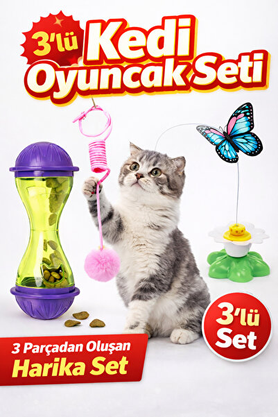 Kedi Zeka Oyuncakları Kedi Oltası Ödül Mama Oyuncak Pilli Kelebek İnteraktif Oyuncak Üçlü Set