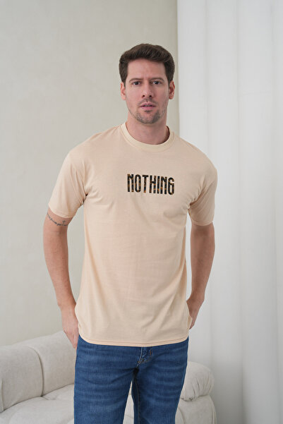 caddekombin Men's Beige Nothing Written High Printed Crew Neck T-Shirt