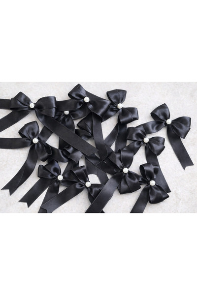 CYB STUDİO Black Satin Pearl Bow Ribbon (10 Pieces)