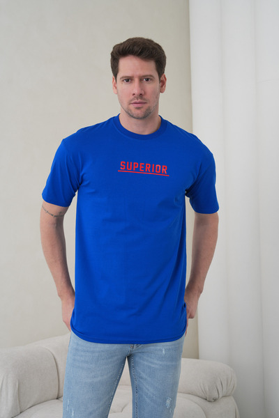 caddekombin Men's Cobalt Blue Superior Written High Printed Crew Neck T-Shirt