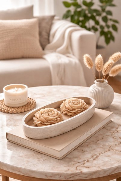 Lethe Design Şakayık Çiçek Mum Seti, Kayık Tabak, 3 Fitil, Beton Oval Kase, L...