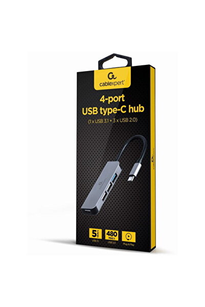 Gembird Hub USB cu 4 porturi, tip C (1 x USB 3.1 + 3 x USB 2.0), Argintiu