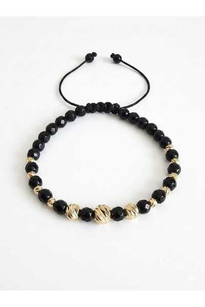 Handmade Premium Adjustable Bracelet - Black Onyx and Textured Gold Balls