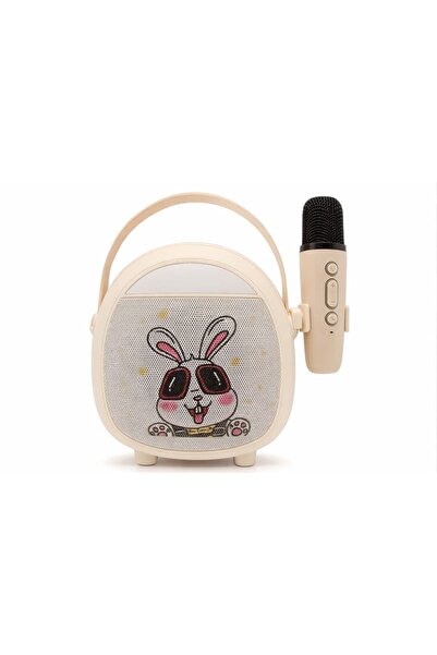 Çocuklara Özel Retro Tasarımlı Bluetooth Karaoke Mikrofon ve Ahşap Tripodlu – Beyaz