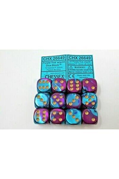 Chessex Gemini 16mm d6 with pips Dice Blocks (12 Dice) - Purple-Teal w/gold