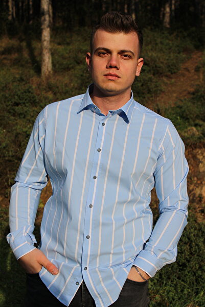 BAŞKONT Slim Fit Açık Mavi Renk Beyaz Çizgili %100 Pamuk Klasik Yaka Erkek Gö...