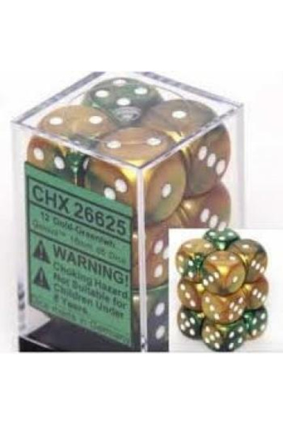 Chessex Gemini 16mm d6 with pips Dice Blocks (12 Dice) - Gold-Green w/white