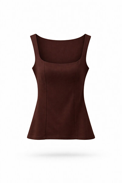 HAZELANNA Square Neck Strap Brown Blouse