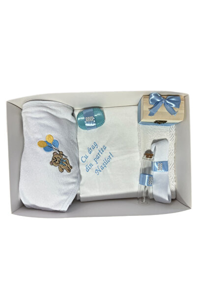 Your Baby Store Trusou botez ursulet cu baloane- blue, brodat, 7 piese, bumbac
