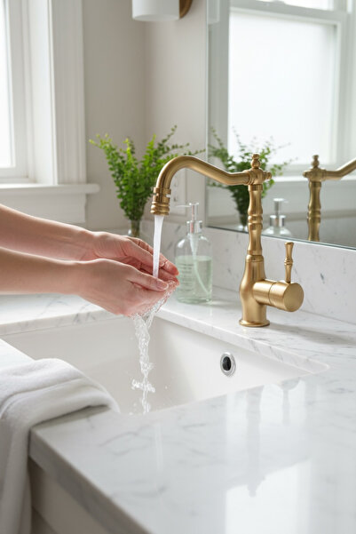 İSAOĞLU YAPI Matte Gold Washbasin Faucet with Movable Head High Model Bathroo...