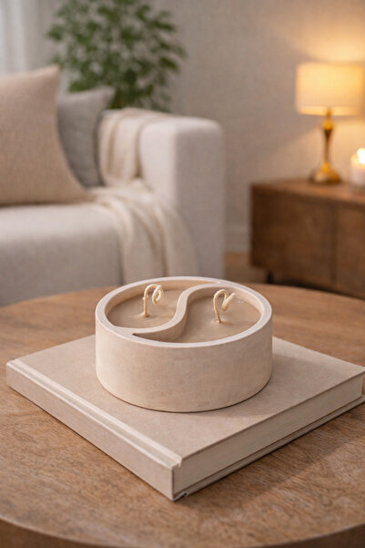 Lethe Design Beton Dekoratif Mum, El Yapımı, Çift Fitilli, Yin Yang Tasarım M...