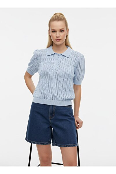 Noi Belis Polo Collar Perforated Half Placket Buttoned Knitwear Blouse Ss26Bz...