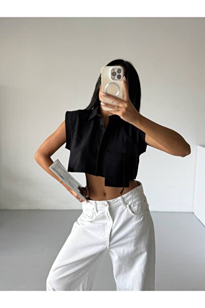 Bliss Women's Zero Sleeve Front Pocket Detail Linen Shirt