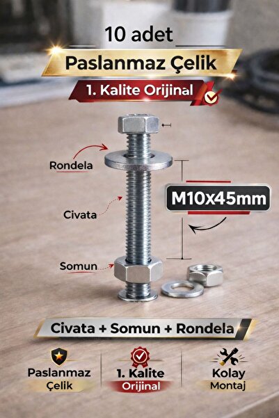 akatsuki Paslanmaz Çelik civata + Somun + Rondela Seti (M10x45mm) – 10 Adet