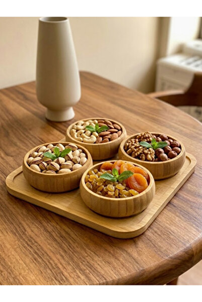 mucit home 4'lü Doğal Bambu 4'lü Yuvarlak Bölmeli Çerezlik Seti Sunumluk Serv...