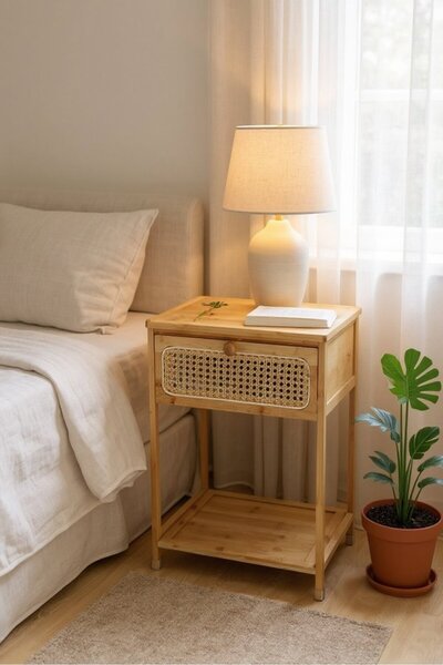 BAKIR KÖY Mien Doğal Bambu Rattan Komodin – Hasır Kapaklı Dekoratif