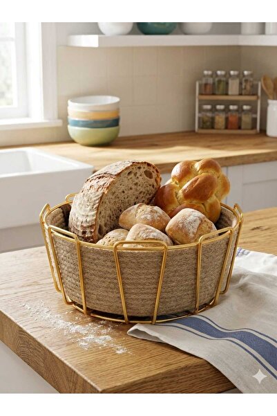 defnem home Dekoratif Gold Detaylı Hasır Ekmek Sepeti