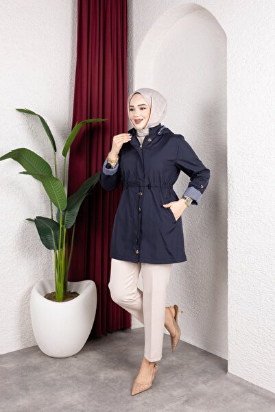 Rabia Zülal Fermuarlı Beli Tünelli Büyük Beden Trençkot Lacivert