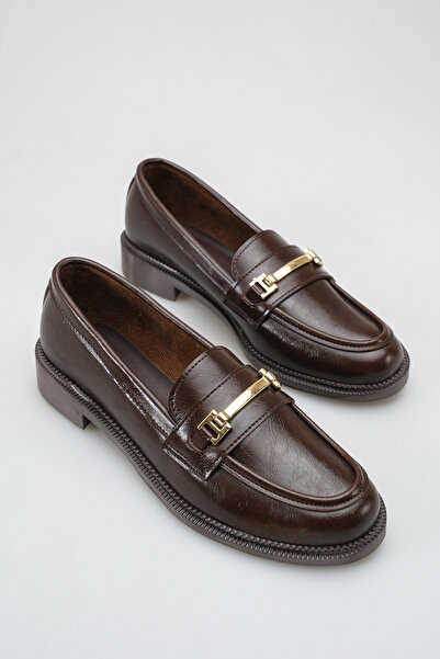 Rella Brown Gold Buckled Thick Sole 3 cm Heeled Loafers Comfortable Daily Sty...